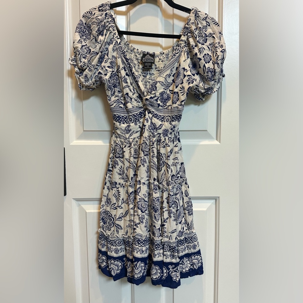 ANGIE Blue & Ivory Boho Floral Mini Dress – Size Small